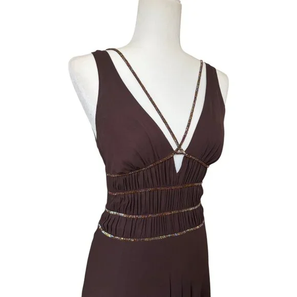 Y2K BCBGMAXAZRIA Brown Asymmetrical Fairy Dress Breaded, Size 4, 100% Silk - Picture 8 of 11